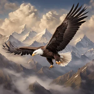 A majestic eagle soaring high above mountain peaks, against a backdrop of swirling clouds, symbolizing freedom and spiritual insights.