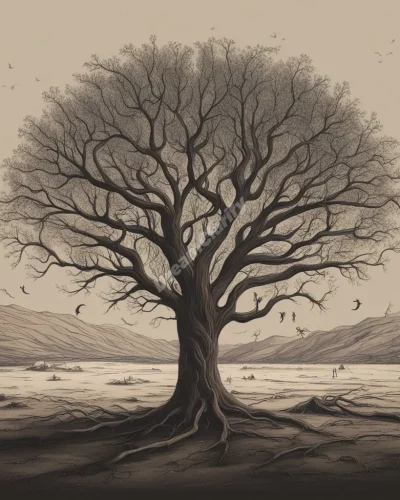 A barren landscape with symbols of infertility, representing loss and potential.