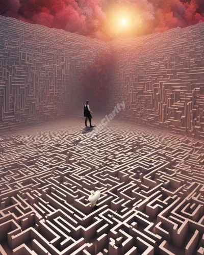 A figure escaping from a maze of life challenges into a bright dreamscape.