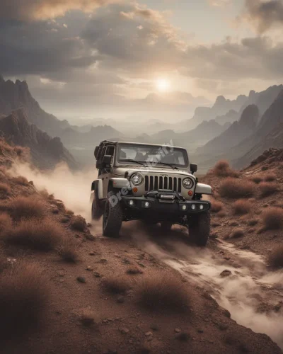 A Jeep navigating through rugged dreamscapes, representing adventure and resilience.