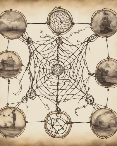 A net catching various dream symbols, representing connections and entrapment.