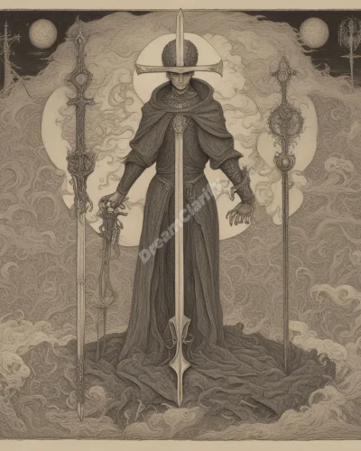 A figure impaled by a glowing sword, surrounded by symbols of transformation and rebirth.