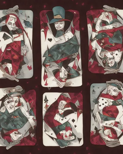 Jokers playing cards with dream symbols, representing trickery and humor.