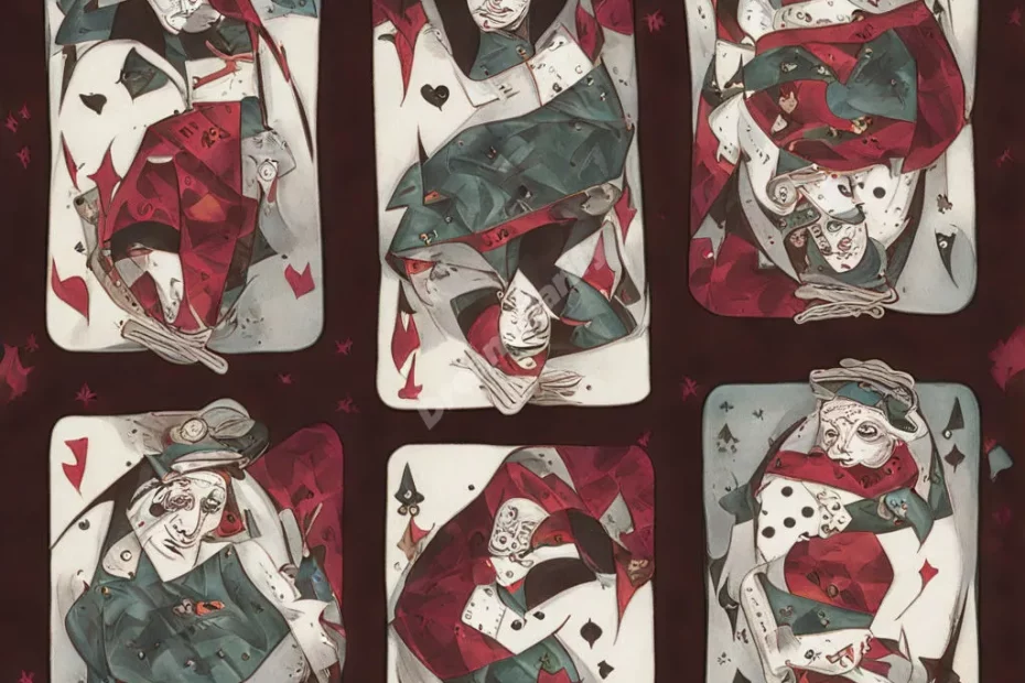 Jokers playing cards with dream symbols, representing trickery and humor.