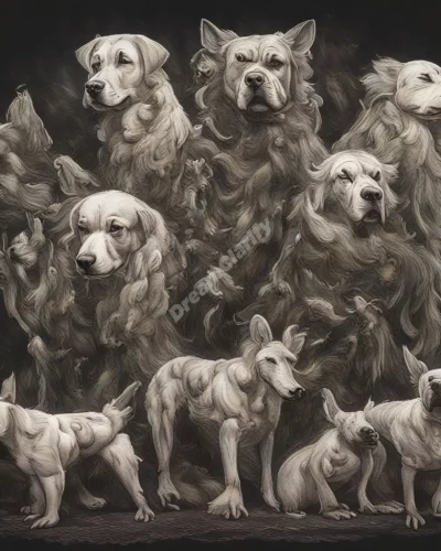 Fierce dogs transforming into protective spirit animals, representing vicious dog dreams.