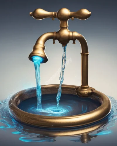 A mystical faucet pouring out a stream of glowing liquid that forms various dream symbols as it flows.