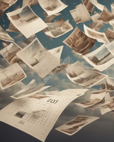 Calendar pages flying away to reveal scenes from the past, symbolizing reflection and nostalgia.