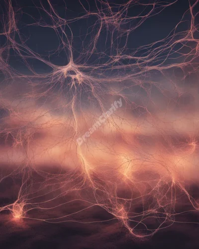 Glowing nerve endings forming a network across a dreamy landscape, representing the complex nature of pain in dreams.