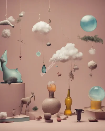 A collection of mismatched, peculiar objects floating in a dreamy space, symbolizing the unexpected in odd dreams.