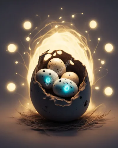 Quail eggs cracking open to reveal tiny, glowing dream symbols emerging from within.