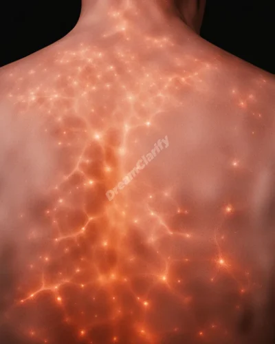 Glowing rashes on skin forming meaningful patterns, representing irritations or unresolved issues in rash dreams.