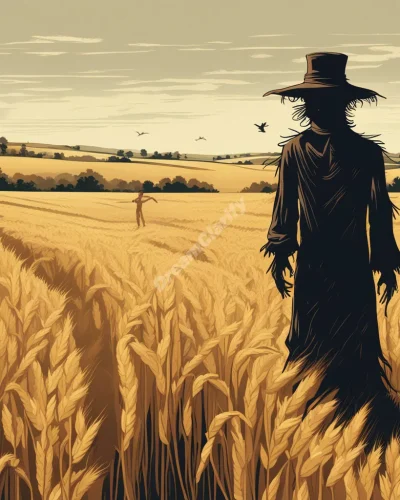 A scarecrow in a field of swaying wheat, its shadow transforming to reveal hidden aspects of the dreamer's fears.