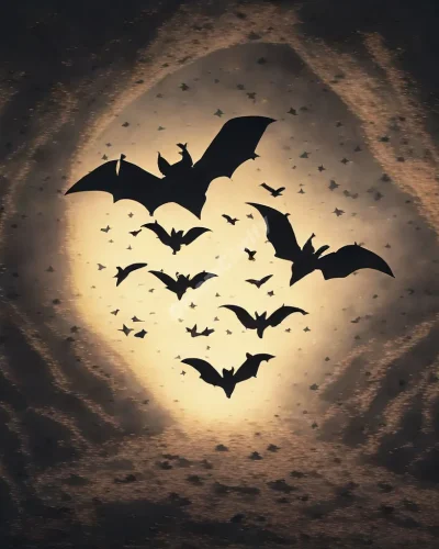 Bats flying out of a cave, each carrying a glowing dream symbol, representing hidden truths in bat dreams.