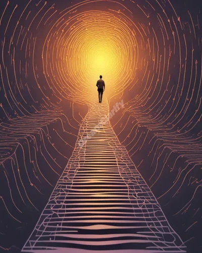 A person following a glowing path, passing through various challenges that test their obedience to their inner voice.