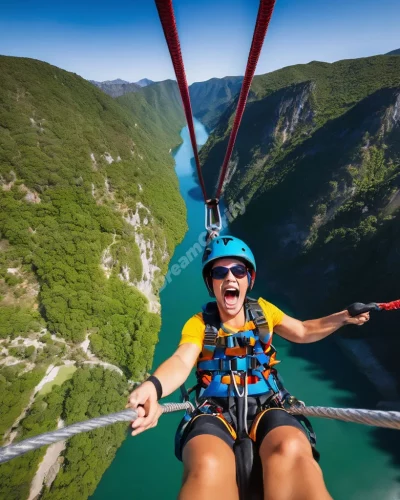 Person bungee jumping, facial expression mixing fear and excitement, dramatic landscape below.