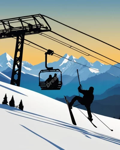 Silhouette falling from ski lift against snowy mountain backdrop, symbolizing dream of falling.