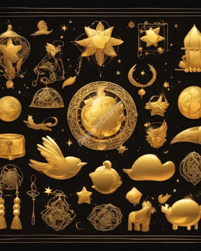 Gold objects glowing with dream symbols, representing wealth and value.