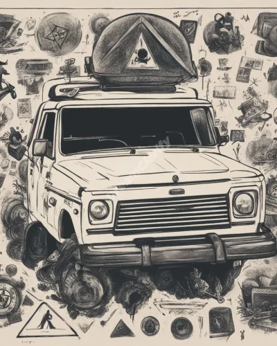 A hijacked vehicle surrounded by symbols of control and fear.