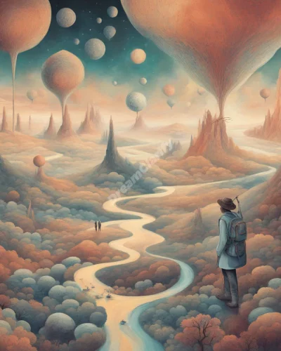 A figure traveling through various dream landscapes, representing exploration.