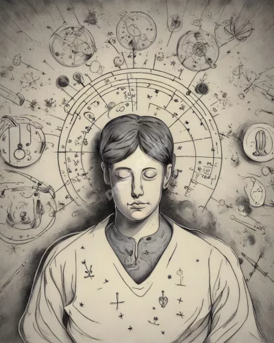 A figure in a coma surrounded by medical symbols, representing unconsciousness.