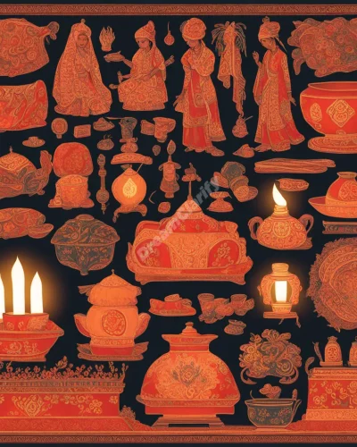 Dowry items glowing with cultural symbols, representing tradition.