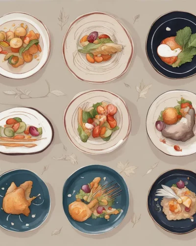 Plates of food with dream symbols, representing nourishment.