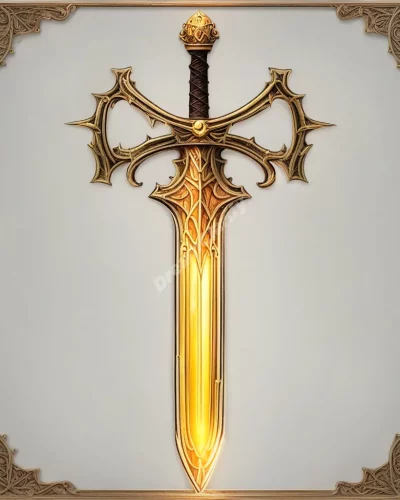 A golden sword glowing with power symbols, representing strength.