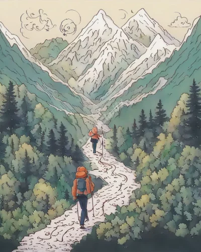 A figure hiking up a mountain, surrounded by nature symbols.