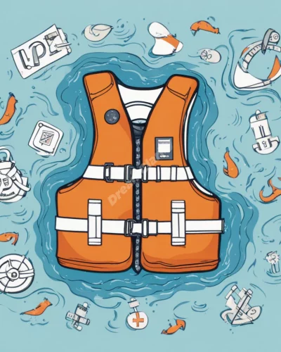 A life jacket floating in water, surrounded by safety symbols.