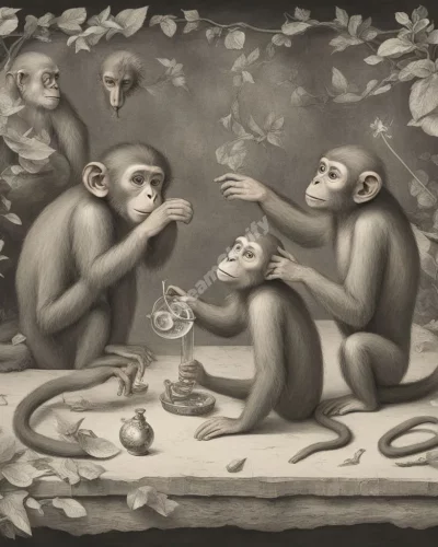 Monkeys playing with dream symbols, representing curiosity.