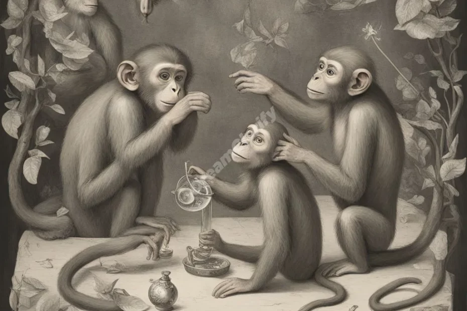 Monkeys playing with dream symbols, representing curiosity.