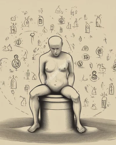 A figure peeing, surrounded by release symbols, representing relief.