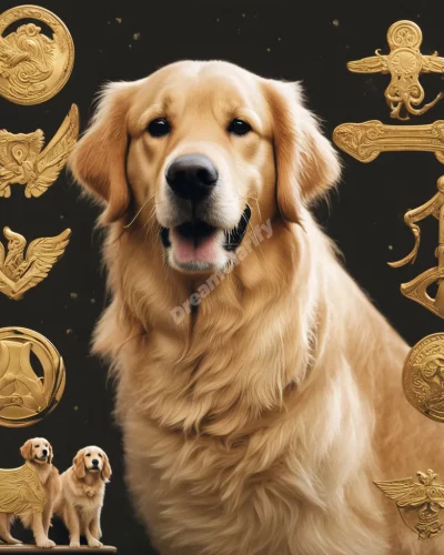 A golden retriever with loyalty symbols, representing companionship.