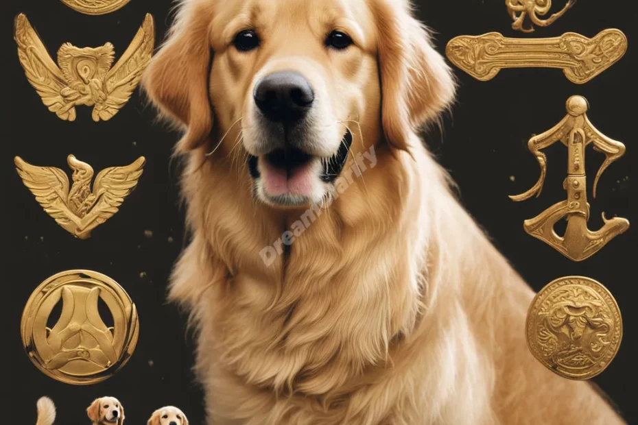 A golden retriever with loyalty symbols, representing companionship.