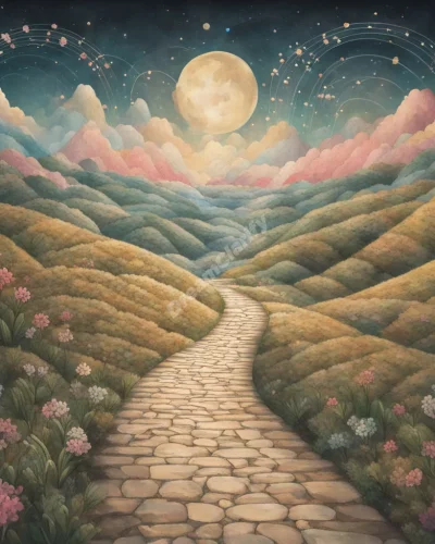 Hills with paths leading to dream symbols, representing challenges.