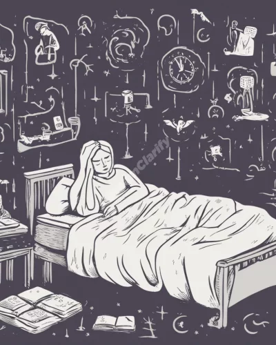 A figure unable to sleep, surrounded by insomnia symbols, representing restlessness.