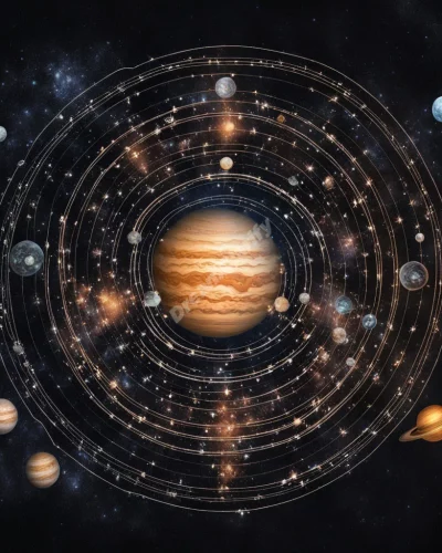 Jupiter glowing with cosmic symbols, representing expansion.