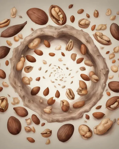 Nuts cracking open to reveal dream symbols, representing hidden potential.