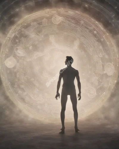 A figure experiencing an out-of-body experience, surrounded by ethereal symbols.