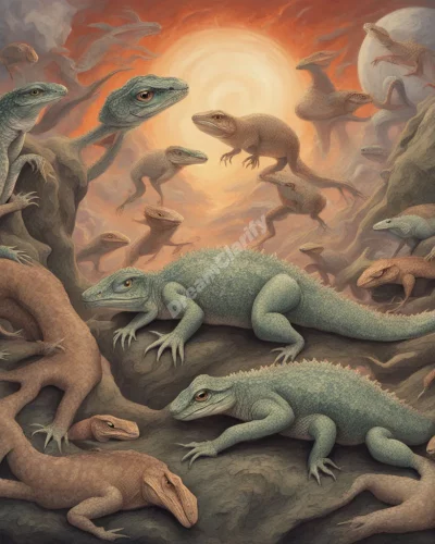 Reptiles crawling through a dreamscape, representing primal instincts.