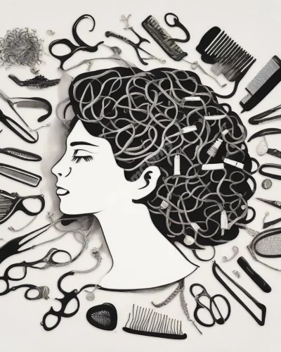 Combs untangling hair, surrounded by organization symbols.