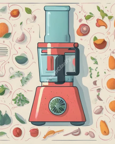 A food processor blending ingredients, surrounded by creation symbols.