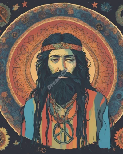 A hippie figure with peace symbols, representing freedom.