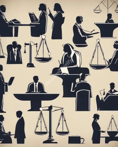 A jury deliberating with justice symbols, representing judgment.