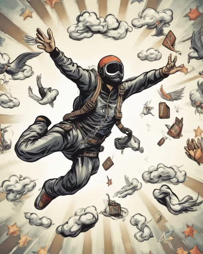 A figure skydiving, surrounded by freedom symbols, representing adventure.