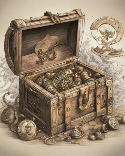 Treasure chests revealing dream symbols, representing hidden wealth.