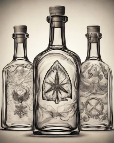 Alcohol bottles with dream symbols, representing escapism.