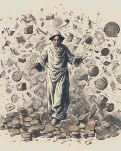 A figure breaking objects, surrounded by change symbols, representing transformation.