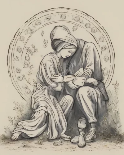 A figure comforting another, surrounded by care symbols.