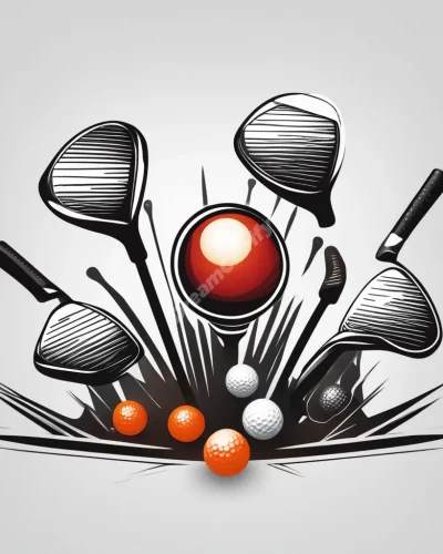 Golf clubs and balls with focus symbols, representing precision.